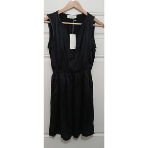 Grace womens small silk dress black elastic waist leather trim zip split neck